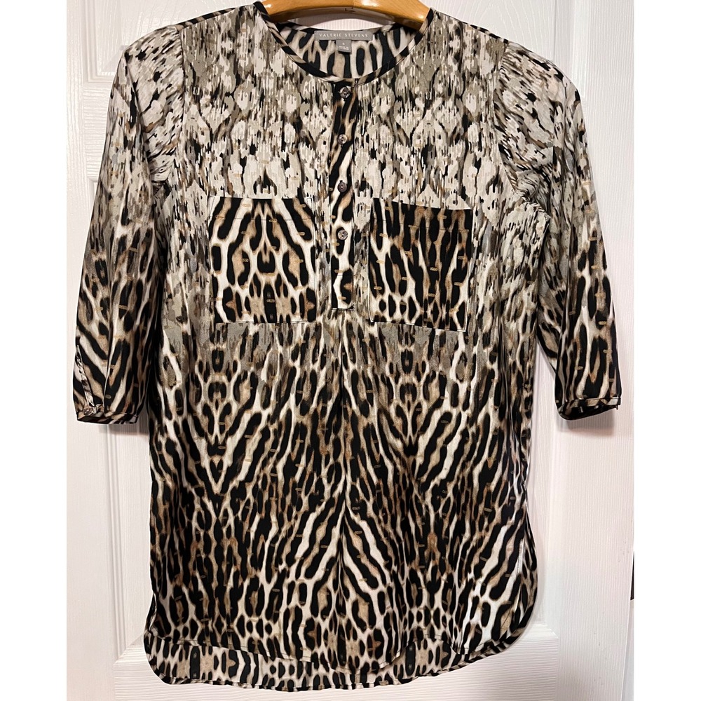 Valerie Stevens Leopard Print Metallic Lurex Button Front Blouse‎ Brown Sz S